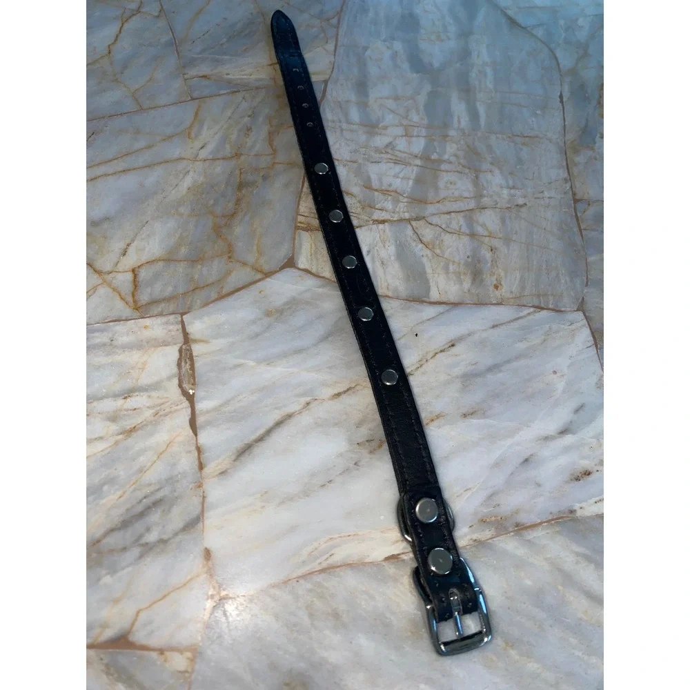 Black Faux Leather Pet Collar Silver Dog Bone Studded Adjustable Small 12 Inch